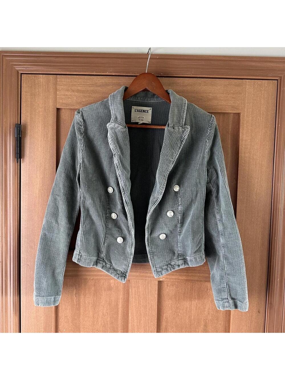 L'AGENCE Wayne Corduroy Cropped Double-Breasted Jacket Sage Green Women’s Medium